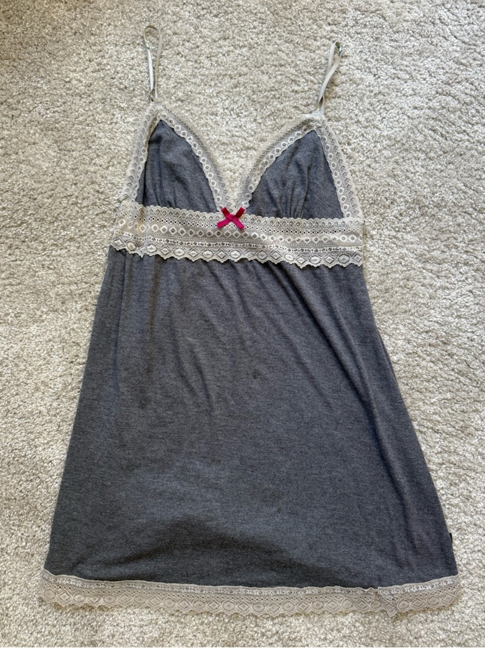 Gilligan & O'Malley Charcoal Gray Chemise with Cream Lace and Pink Bow